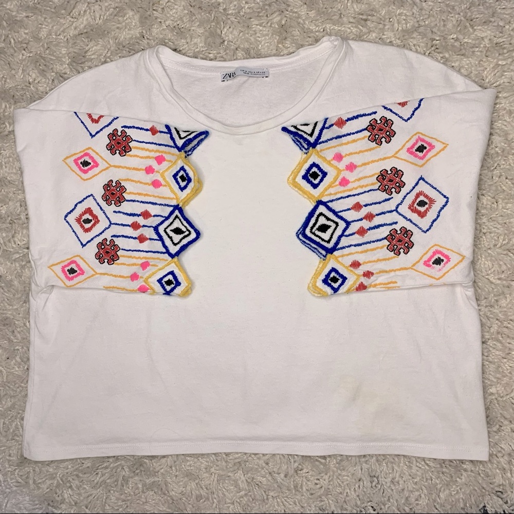 Zara Boxy Cropped Tee w/ Multi Color Sleeve Embroidery